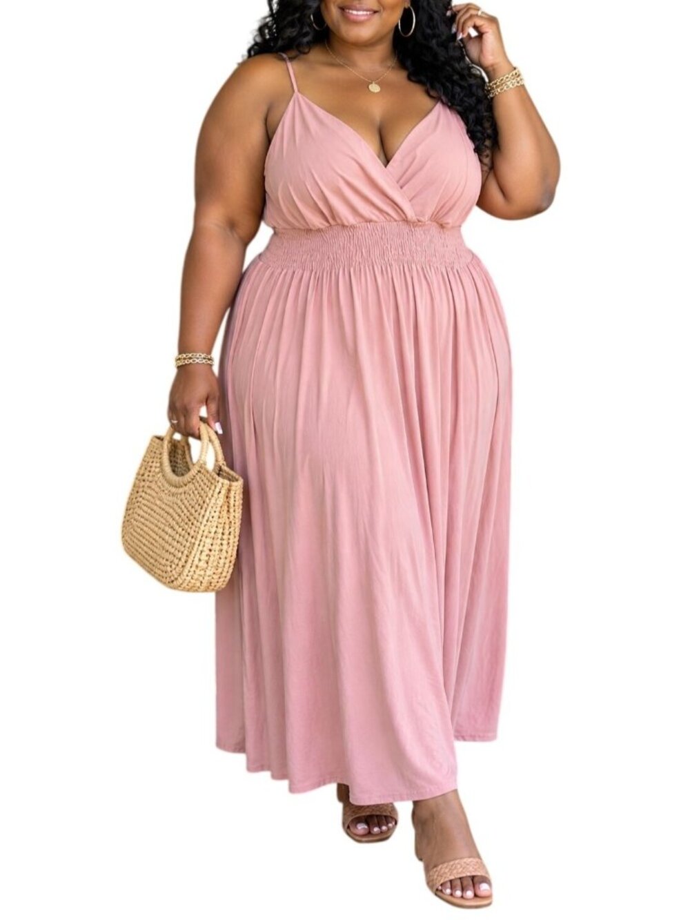 Rouge Collection Plus Size 3X Dress Maxi Smocked Adjustable Straps Boho Style